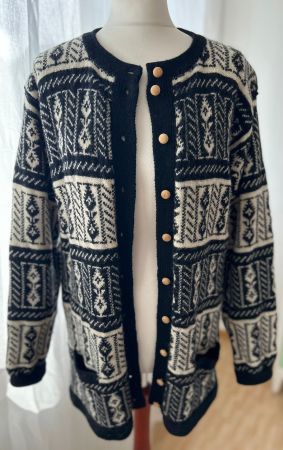Schwarzweisse Strickjacke Cardigan Norwegermuster L XL Damen