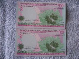 Rwanda 500 Francs 1998, Zwei Banknoten, Fortlaufende Nummern
