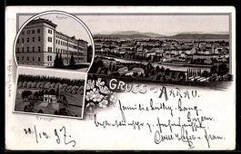 Lithographie Aarau, Ortspanorama mit Kaserne und Alpenzeiger