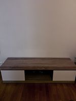Meuble TV bois et blanc avec niche, état correct