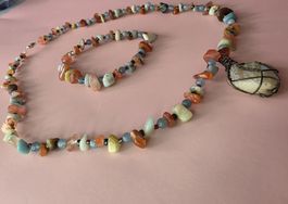 Kette und Armband Steine und Glasperlen farbig mit Anhänger 