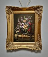 Vintage florales Stillleben Blumen & Früchte, goldgerahmt