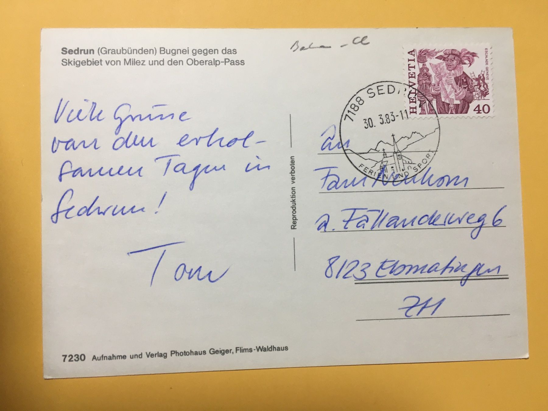 Cartes postales: Sedrun Furka Oberalp Bahn Winter 1983 – D'occasion à Küttigen par Melisch1000 1