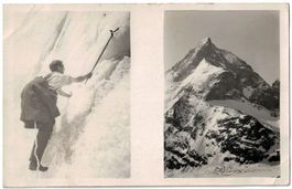 Doppelbild: Bergsteiger und Gipfel, Fotokarte um 1930-40