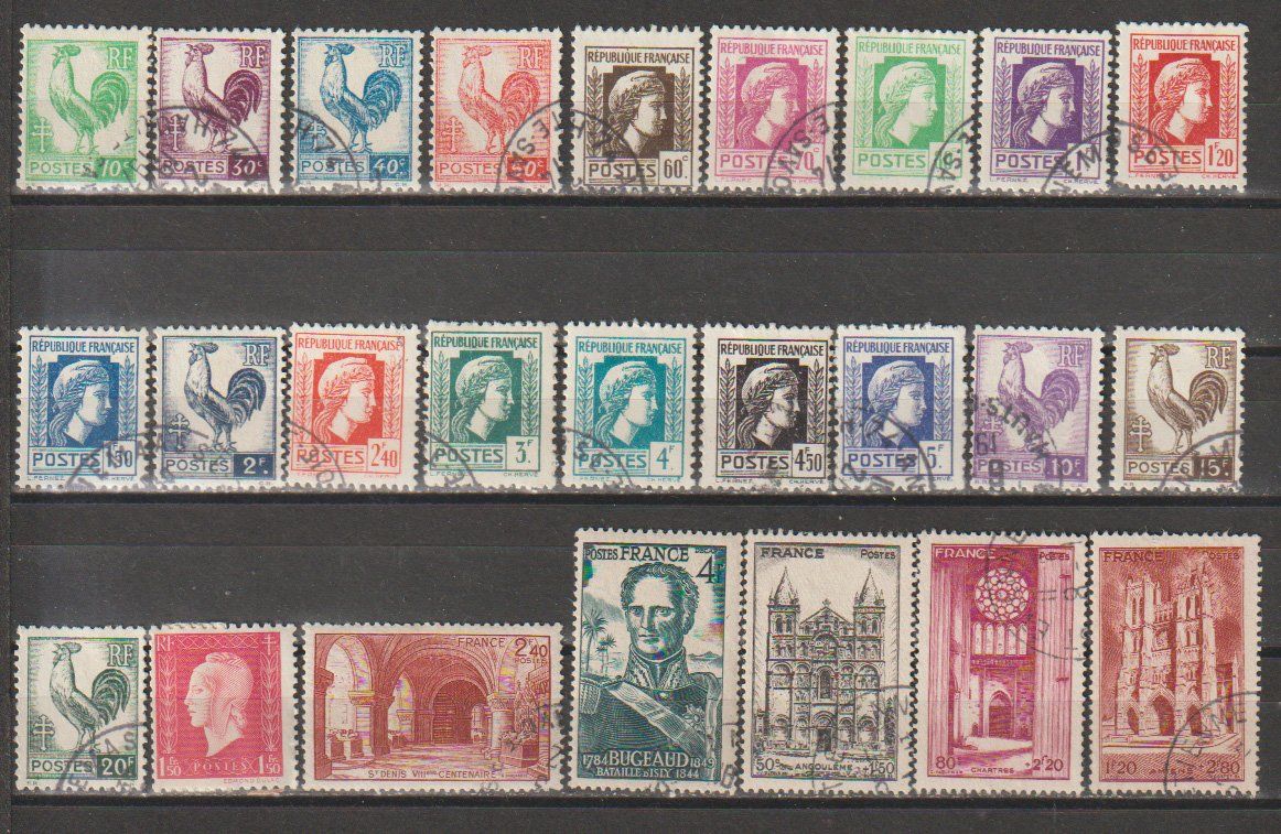 Tutti i francobolli: France lot divers, le Coq, Marianne, Monuments – Usato da Crans-Montana venduto da kira56