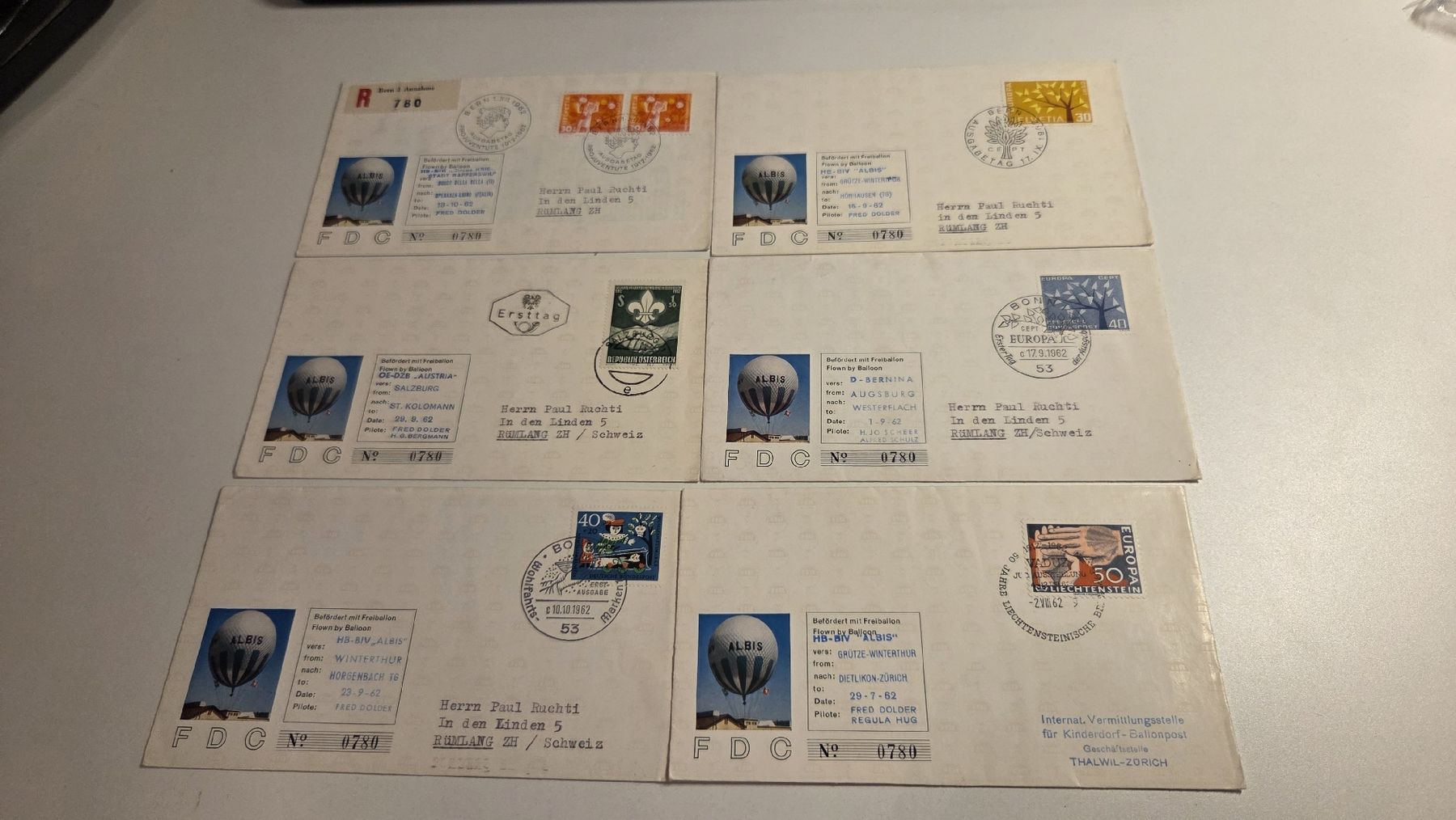 Tous les timbres: 6x FDC diverse Länder mit Ballon Flug Albis – D'occasion à Arni AG par Moth68