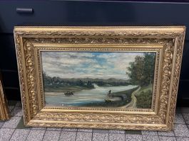 Paysage Riverain et Pêcheurs, Cadre Doré 🎣 🎨 signé