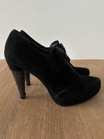 Stuart Weitzman Black Suede Booties, Chain Heel, Size 7.5