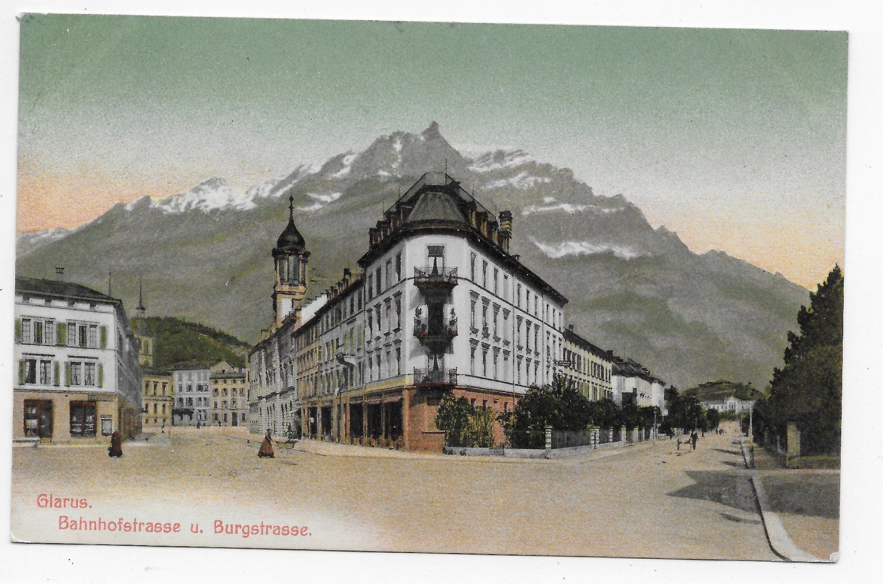Cartoline postali: Glarus, Bahnhofstrasse & Burgstrasse um 1908 – Usato da Hefenhofen venduto da Richsalz