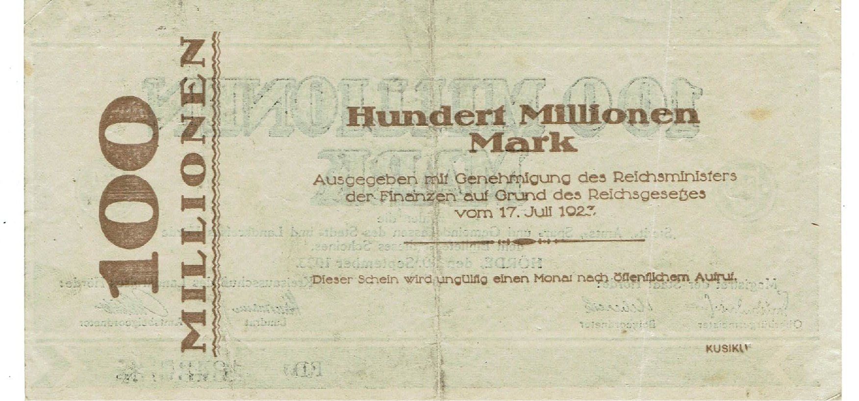 Banknoten: Hörde 100 Mil.Mark 20.09.1923 SS++-VZ – Gebraucht aus Steffisburg von ber_8htf 1