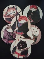 Lot de 6 sous-verres en bois chats samouraïs design japonais
