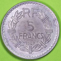 1947 / FRANKREICH / 5 FRANCS - MÜNZE / SEHR GUT ERHALTEN !