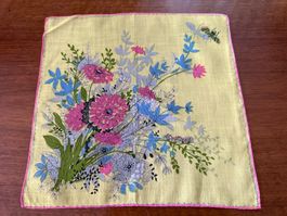 Taschentuch gelb Blumenmuster rosa Einfassung guter Zustand