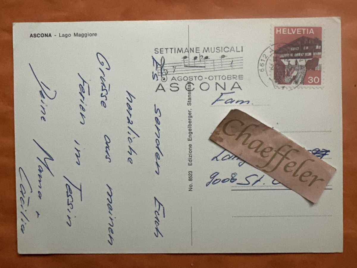 Cartoline postali: 1974 Ascona Lago Maggiore – Usato da Zürich venduto da Chaeffeler 1