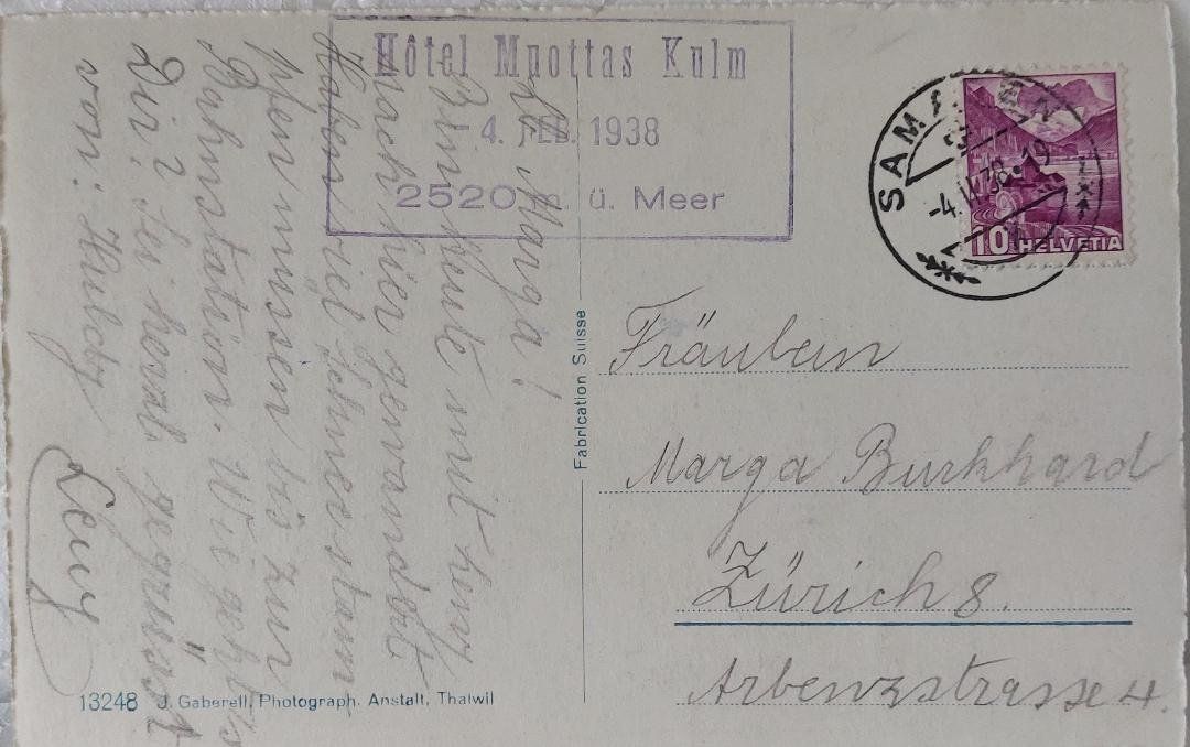 Cartoline postali: MUOTTAS - MURAIGL   -  1938 – Usato da Delémont venduto da Domdom1 1