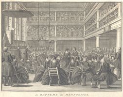 Mennoniten: Le BAPTEME des MENNONITES,  gravure 18e siècle