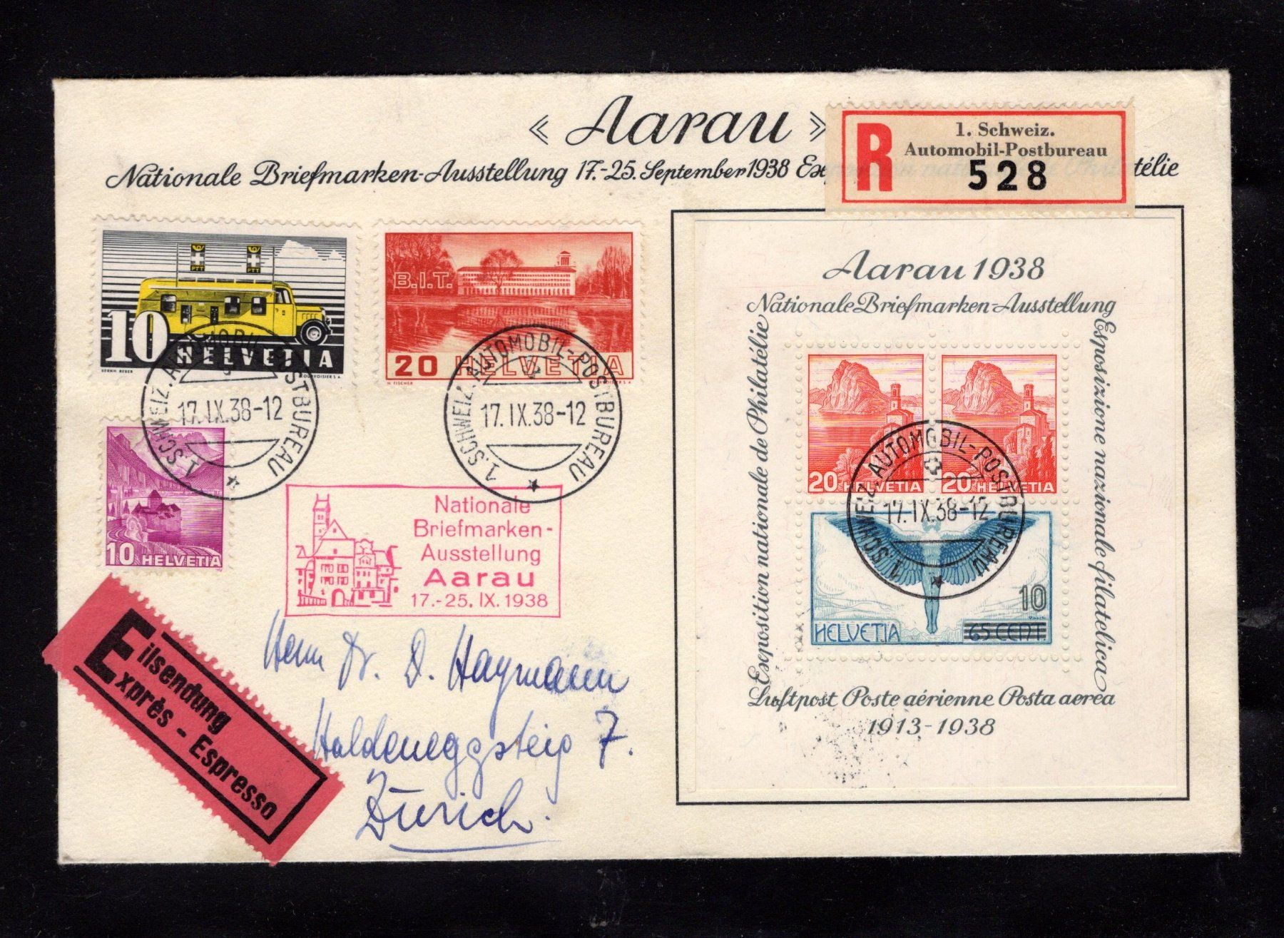 Tutti i francobolli: R1636  /  FDC bloc Aarau 17.X.IX.38 – Usato da Ste-Croix venduto da MONT-TAGNAC