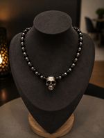 Collier cuir noir perles argent pendentif tete de mort neuf