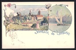 Lausanne, Ortspartie mit Frau, Segelboot