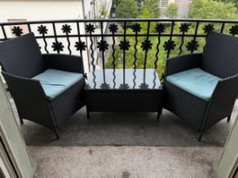 Balkon-Set Polyrattan – 2 Sessel + Tisch mit Glasplatte