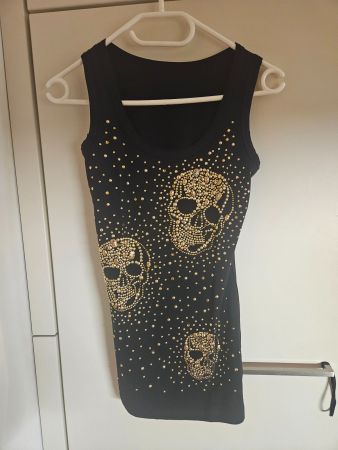 Tank Top Schwarz lang mit goldenen Skulls ohne Grösse (S?)