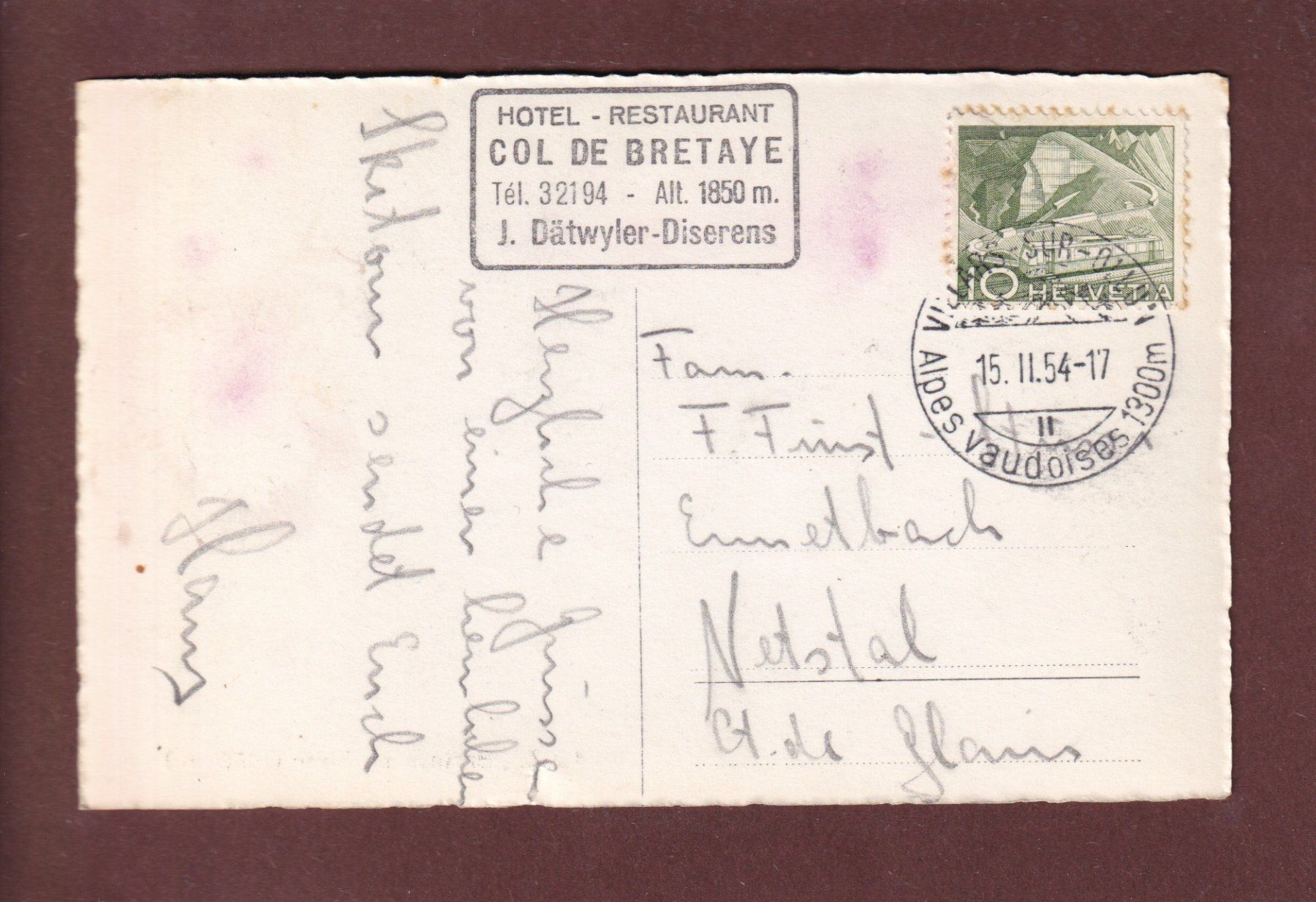 Cartoline postali: BRETAYE en hiver - 1954 – Usato da Pully venduto da nicecards 1