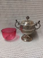 WMF Antike Zuckerdose, versilbert, rosa Glas, Jugendstil