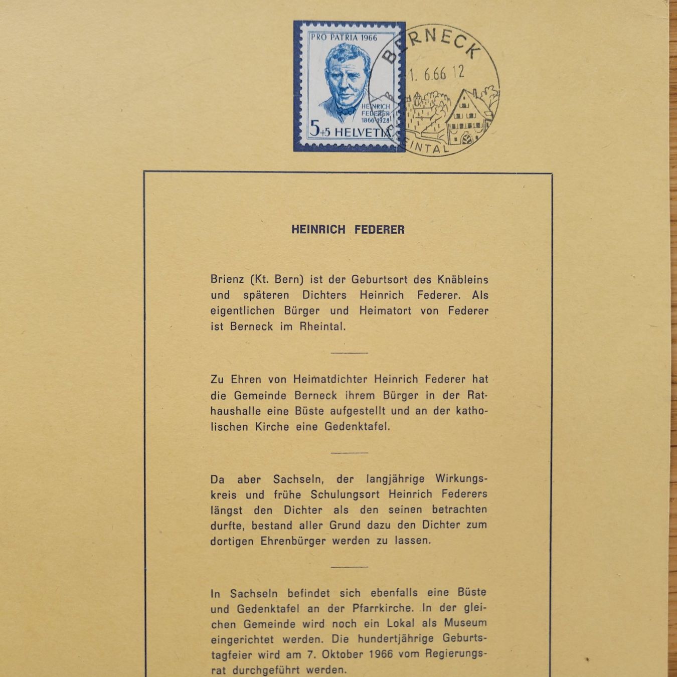 Tutti i francobolli: Document Berneck 1966 Heinich Federer Pro Patria – Usato da Biel/Bienne venduto da Destockweb 1