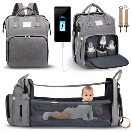 3in1 Wickelrucksack mit USB, Babybett & Reisetasche
