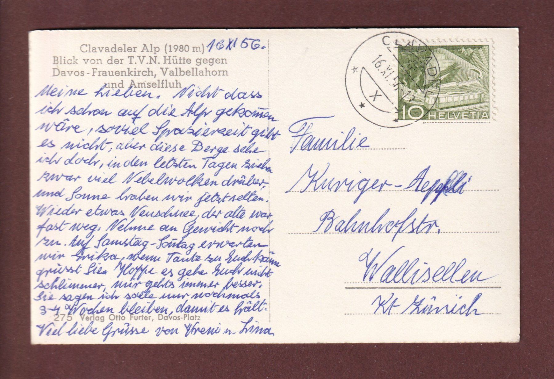 Cartoline postali: DAVOS - Clavadeler-Alp - 1956 – Usato da Pully venduto da nicecards 1
