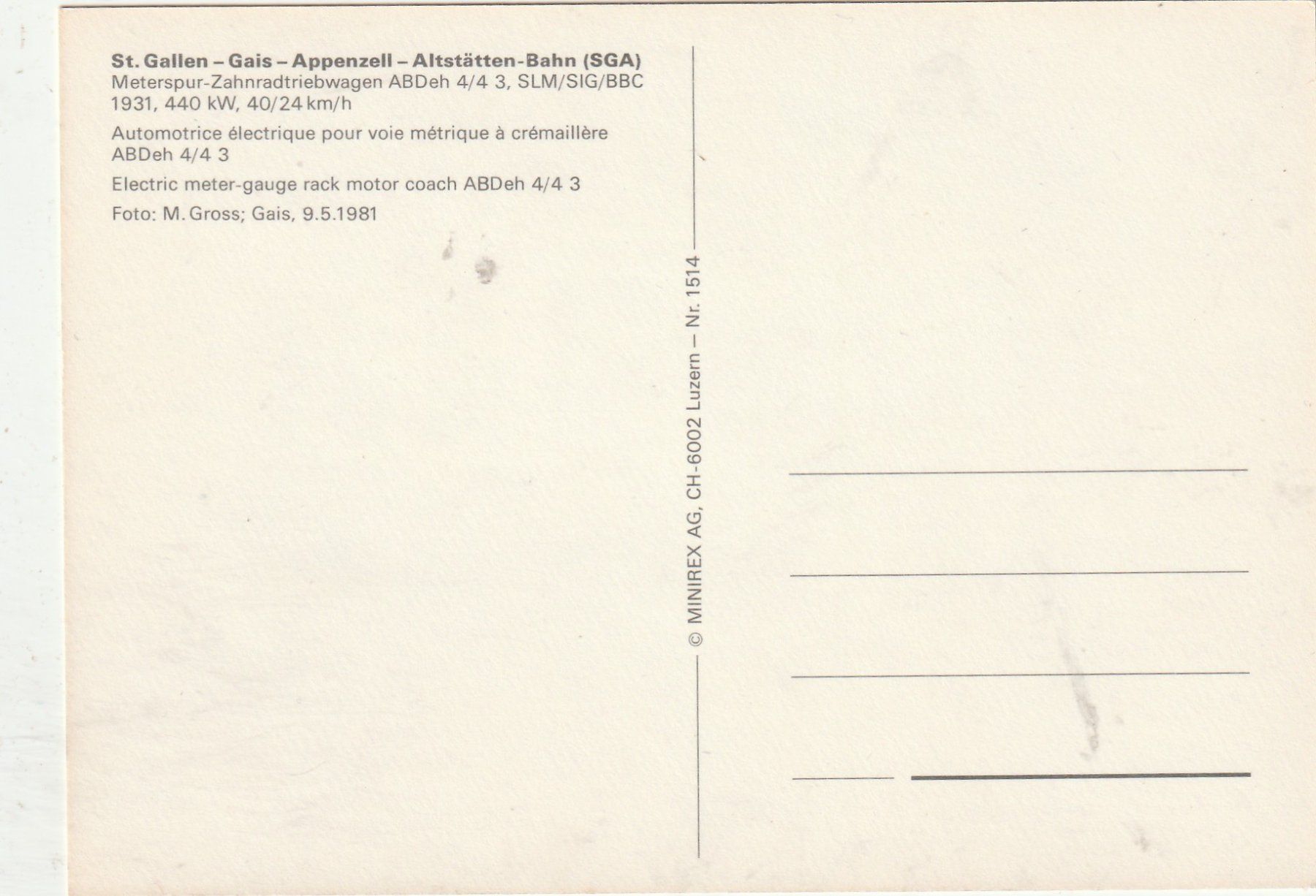 Cartoline postali: Bahn ST. Gallen -  Gais  um 1981 – Usato da Lumbrein venduto da made02 1