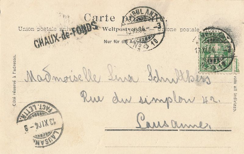 Cartoline postali: La Chaux-de-Fonds - Zentrum + 1904 – Usato da Emmenbrücke venduto da teestube 1
