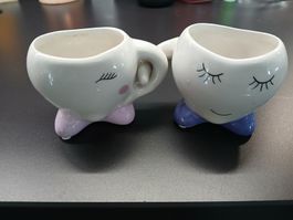 2 Mini-Blumentöpfe Herzform mit Gesicht – rosa & lila