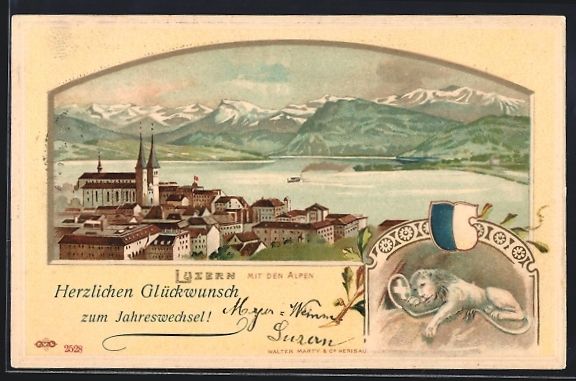 Cartoline postali: Litho Luzern, Teilansicht mit den Alpen, – Usato da Berlin venduto da bartko-reher