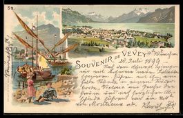 Lithographie Vevey, Ortsansichten, 1899