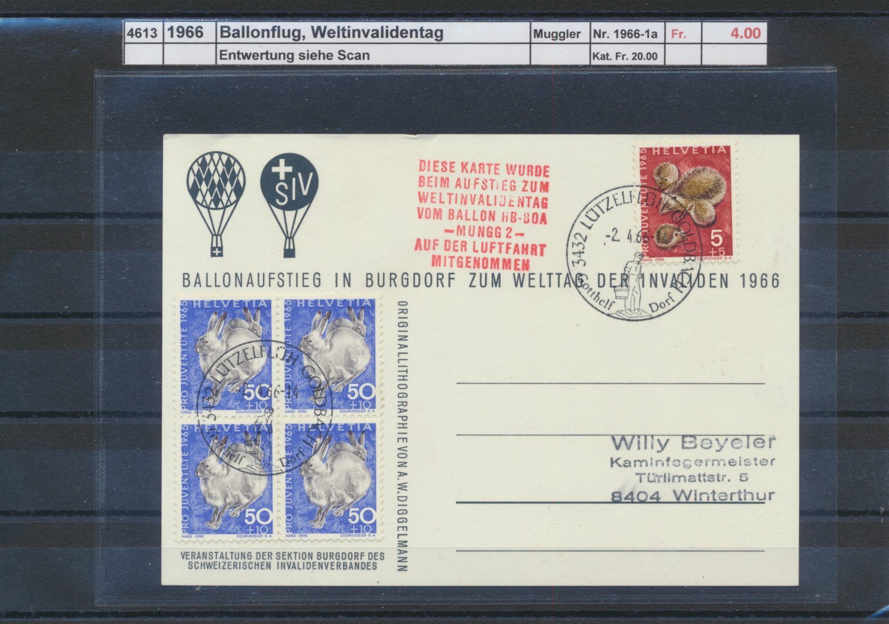 Tutti i francobolli: 1966 Ballonflug, "Weltinvalidentag" – Usato da Winterthur venduto da Zupogeru