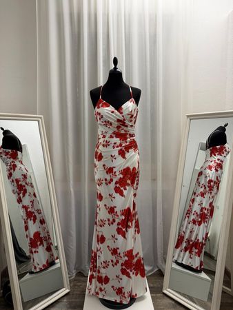 Abendkleid Blumenmuster Rot Weiss Grösse 36