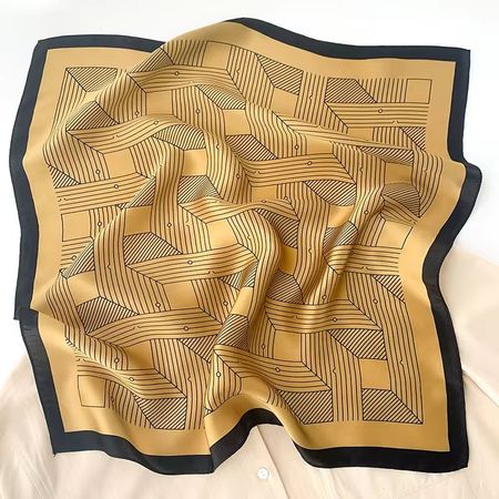New 53cm Silk Scarf Geometric Print Lines Yellow Gold