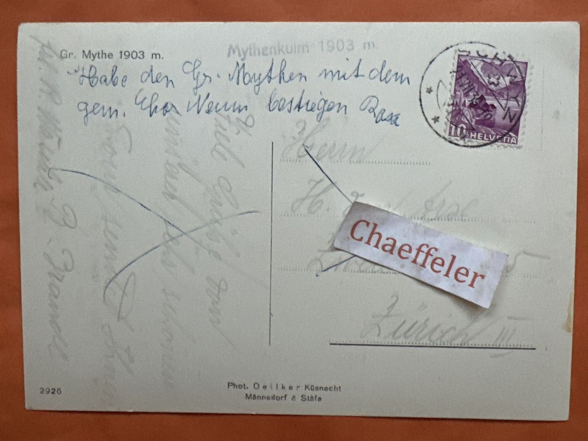 Ansichtskarten: 1938 Gr. Mythen  – Gebraucht aus Zürich von Chaeffeler 1