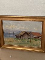 Huile sur toile, cabanes au bord du lac, signée E.Gindraux