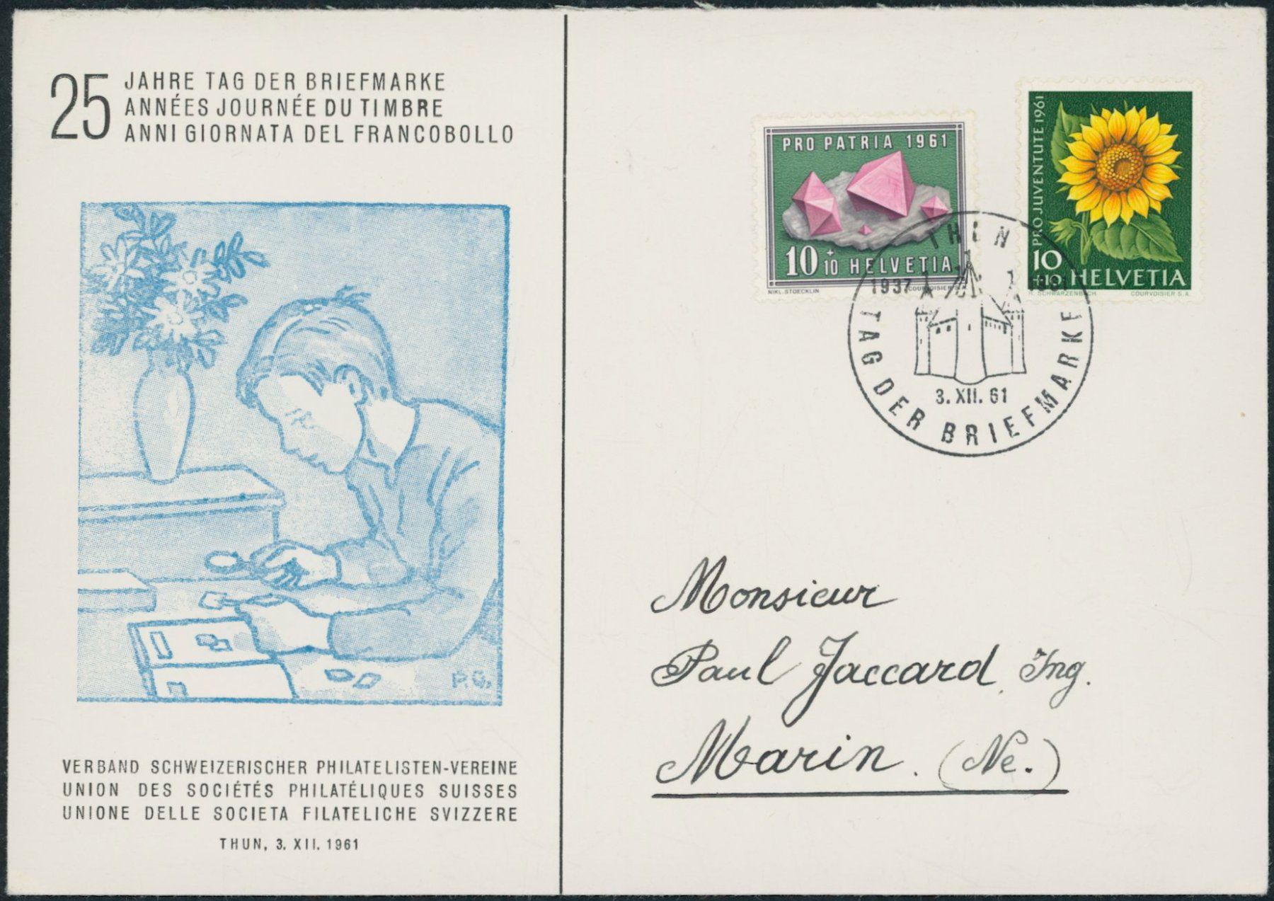 Tutti i francobolli: 1961 - Tag der Briefmarke - Thun - Brief - Phasendruck – Usato da Schindellegi venduto da leecollect