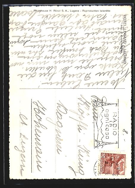 Cartoline postali: Lugano, Hotel Lugano von E. Rothen-Günt – Usato da Berlin venduto da bartko-reher 1
