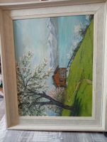 Peinture paysage lac montagnes chalet en fleurs cadre 44x55c