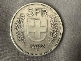 5 Franken Silber 1933 B Randschrift kopfstehend (↑↓) ss