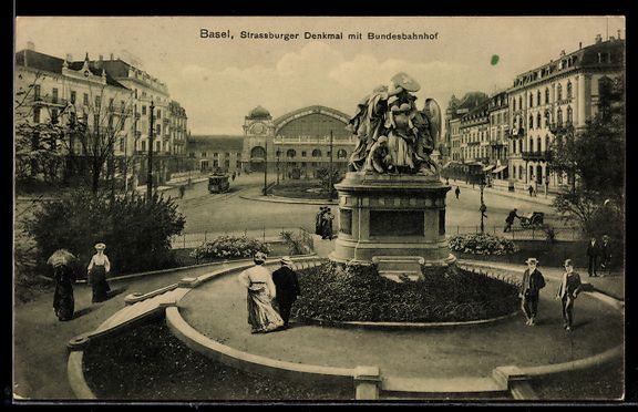 Cartoline postali: AK Basel, Strassburgerdenkmal mit Bundesbahnhof – Usato da Berlin venduto da bartko-reher