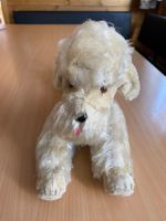 STEIFF MOHAIR HUND MIT ROTRM HALSBAND KNOPF IM OHR PUDEL