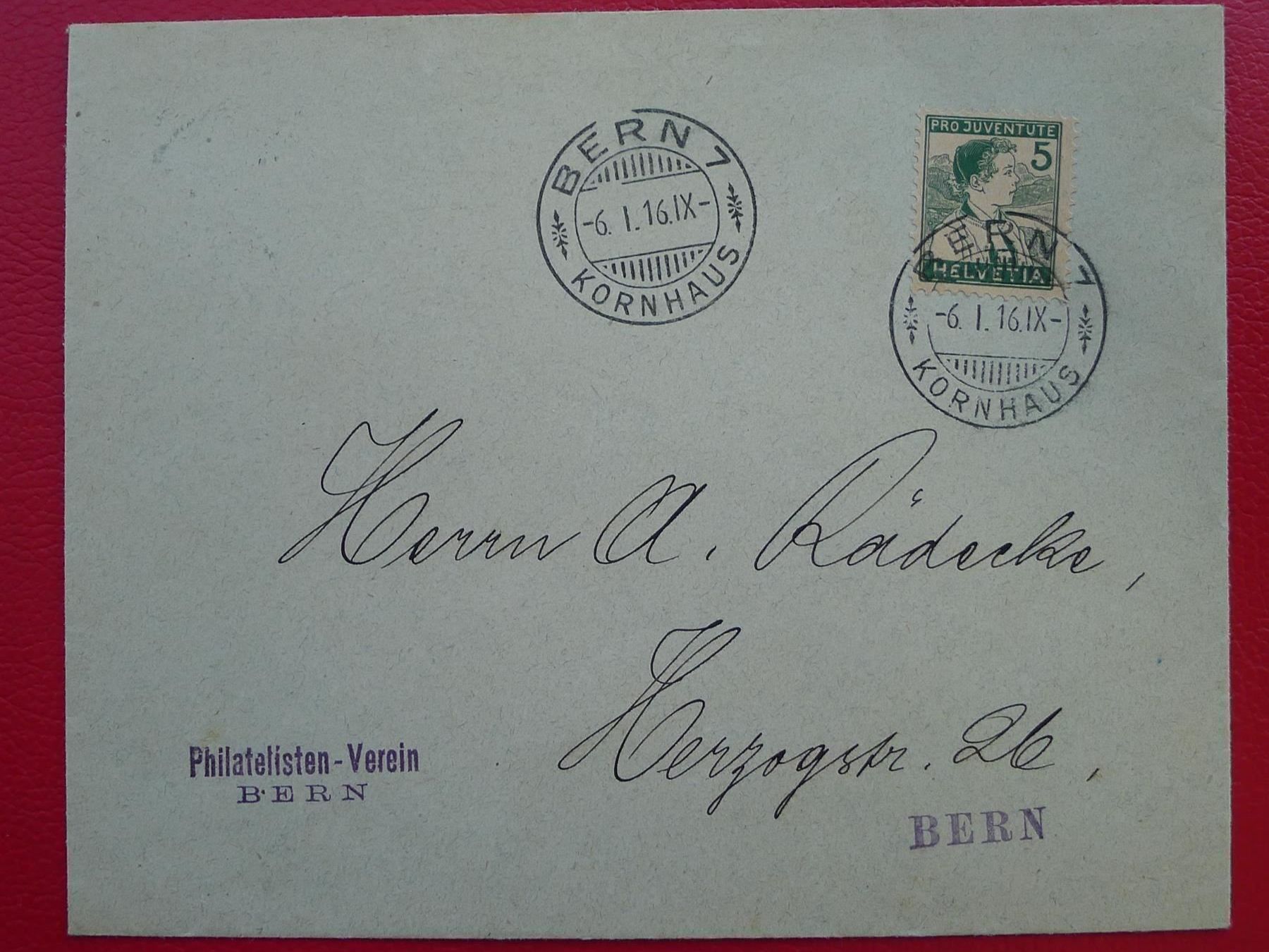 Tutti i francobolli: 1915: J2 auf BRIEF mit "Stempelfehler" BERN (KORNHAUS) – Usato da Sursee venduto da Luzernerraute