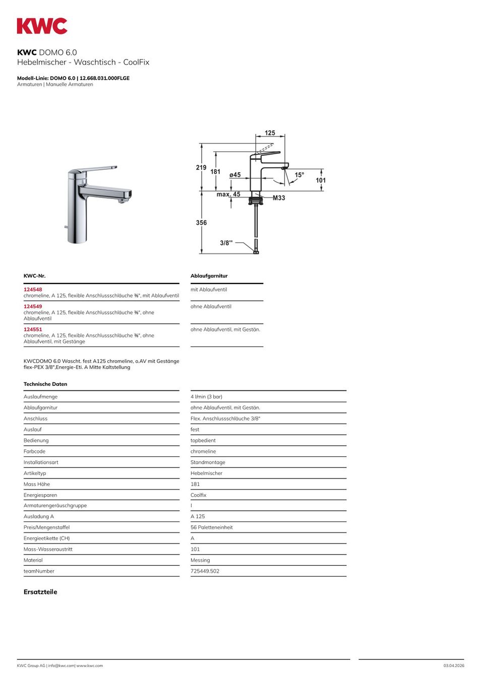 Kwc Robinetterie: Hebelmischer Waschtisch – Neuf (Voir description) à Hünibach par keypin01 4