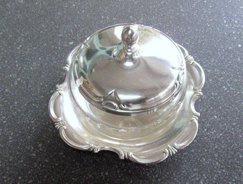 Zuccheriere: Jugendstil Zuckerdose Marmeladendose versilbert mit Glas – Usato da Bischofszell venduto da raika 2