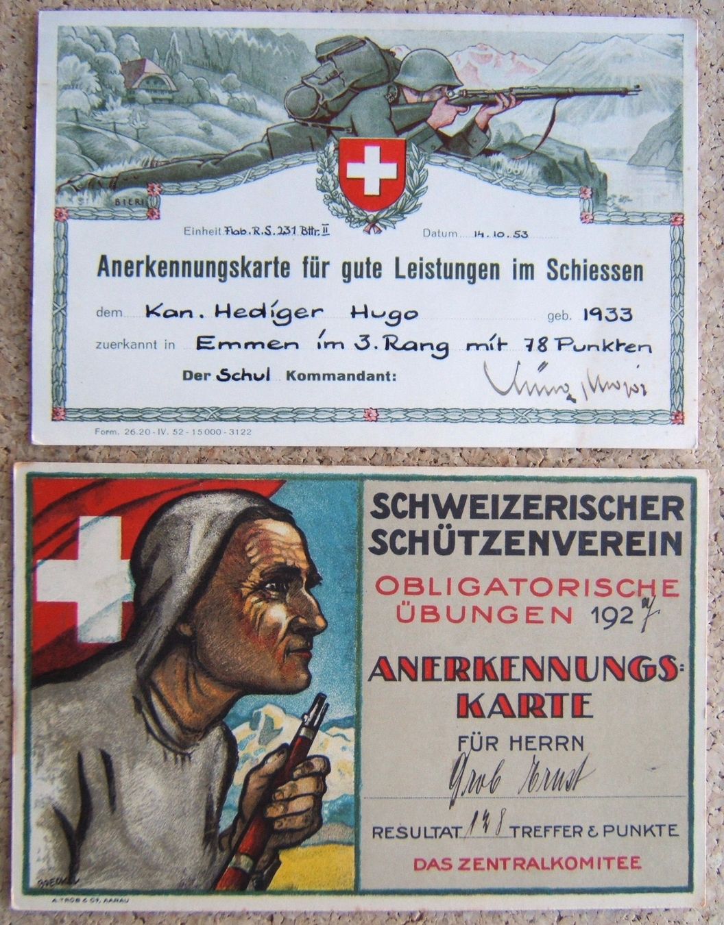 Documents: 2 ANERKENNUNGSKARTEN 1927 / 1953 – D'occasion à Brunnen par Nonne04